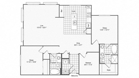 Floor plan for 2 beds, 2 baths, 1598 sqft